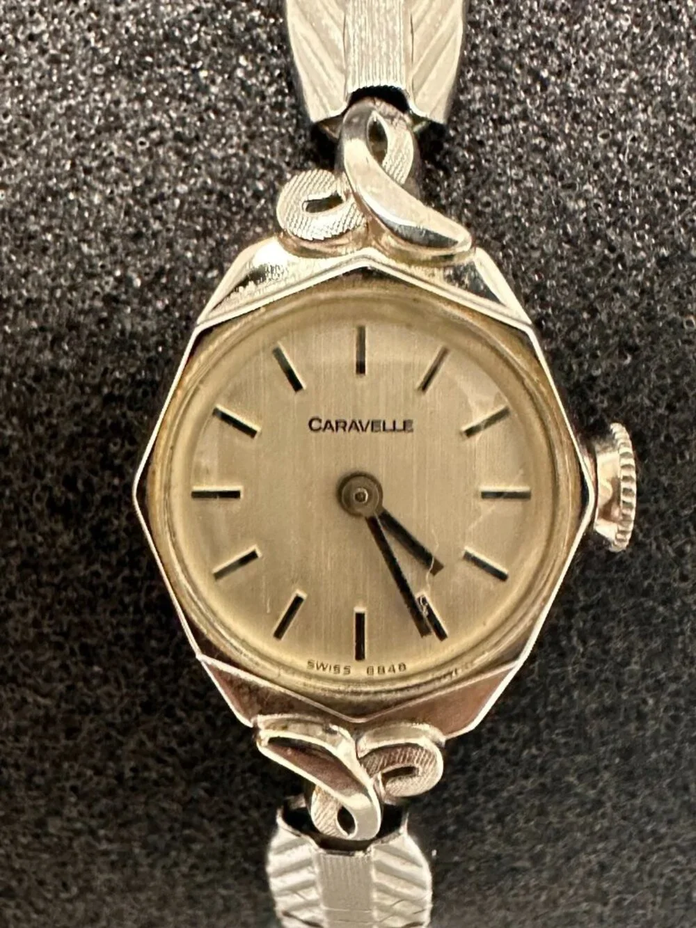 Caravelle Watch Silver Tone Small Dial 16MM Dainty Safety Chain Manual Wind